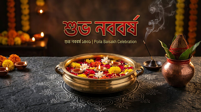 Shuvo Noboborsho Greeting with Traditional Brass Urlie and Poila Baisakh Decor
