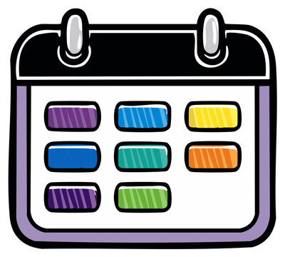 Cartoon-style calendar with colorful marked days representing appointments or important dates