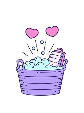 spinning hearts animation of illustration of a traditional tattoo style old washboard and scrubbing bowl