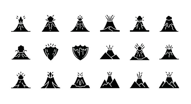 Volcano Icons Set: Erupting Mountains, Lava Flow, and Shield Volcanoes