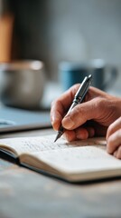 Fototapeta premium Close-up of Person Hand Writing with Elegant Fountain Pen in Paper Notebook on Desk Professional Creative Journaling, Business Planning, and Academic Note Taking with Blurred Office Background Art