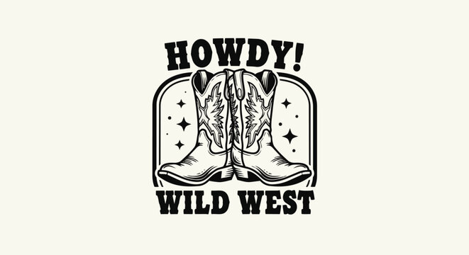Modern Illustration with Western Boots framed by decorative elements, perfect for branding, apparel design, and event posters.