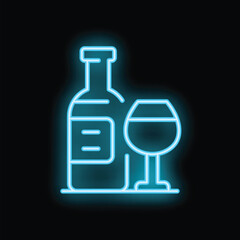 Obraz premium Blue neon sign depicting a bottle of wine and a glass on a black background