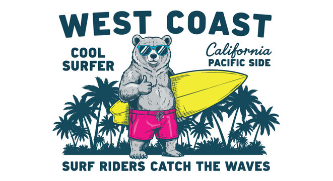 Modern Surfer Illustration with a beach bear, against a white backdrop, ideal for advertising summer events, tourism brochures, and apparel design.