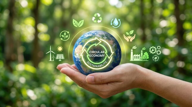 Hand holding Earth with circular economy icons in a lush green forest.