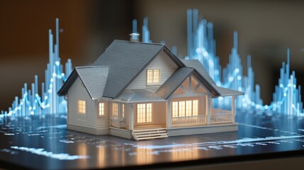 Model house on digital chart representing market analysis real estate with data spike, investment insight and property valuation.