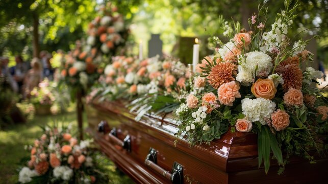 Wooden casket with floral arrangement at an elegant funeral service, conveying mourning, remembrance, and dignified farewell.