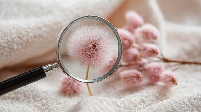 Magnified pollen grain on a dried flower beside a magnifying glass on fabric, symbolizing allergy diagnostics, antihistamine testing and treatment.