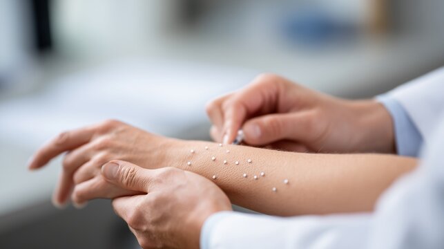 Doctor applying skin test drops to patient forearm to evaluate allergic reaction and guide medication treatment.