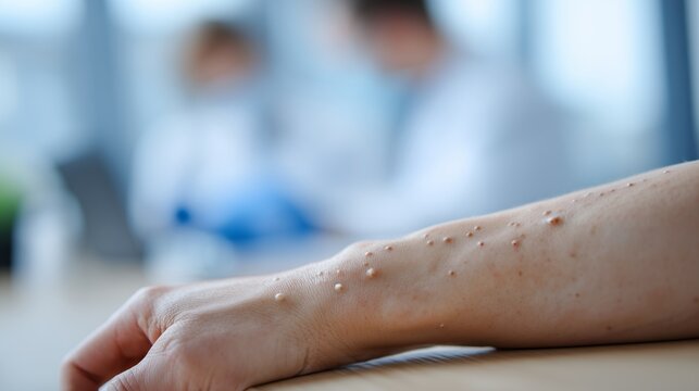 Arm with skin reaction and medical staff in background, conveying medication for allergies and testing treatment.