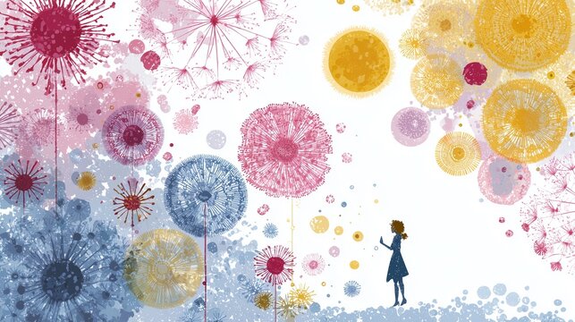 Stylized illustration of a person amid giant pollen and allergen particle, symbolizing allergy diagnostic testing, antihistamine evaluation and treatment decision.