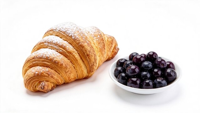 Fresh golden croissant with powdered sugar and bowl of ripe blueberries on white background healthy breakfast or snack concept bakery pastry with antioxidant fruit morning meal foo