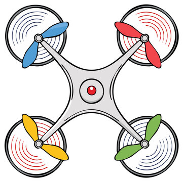 A colorful cartoon quadcopter drone with spinning propellers and a red camera eye