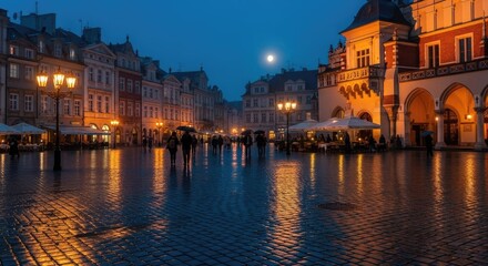 Naklejka premium Evening cityscape with illuminated buildings reflecting lights and open space