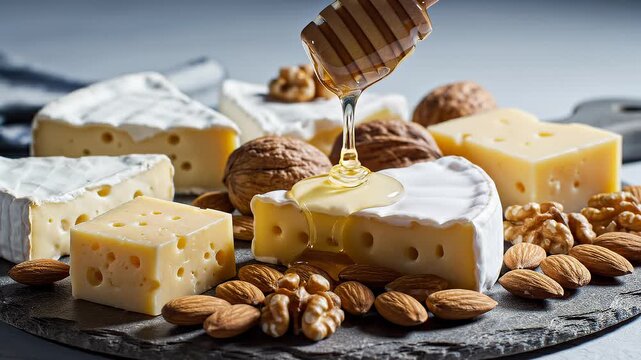 Delicious Cheese Platter With Honey Drizzling Onto Brie and Nuts