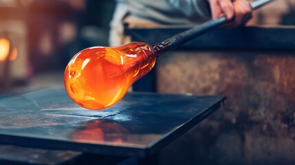 Glassblower holding a long iron blowpipe with a glowing orange molten glass.