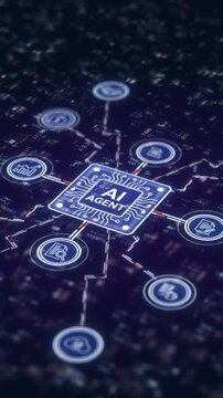 Central artificial intelligence processor managing decentralized online operations. Visualizes smart task delegation, cybersecurity, and future corporate solutions