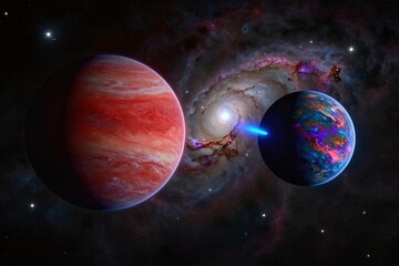 Naklejka premium two planets in space with stars and nebula in the background