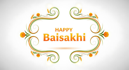 Fototapeta premium Elegant Baisakhi frame with swirling green vines, orange flowers, and wheat ears.