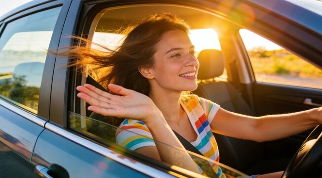 Woman driving car with window down summer road trip lifestyle