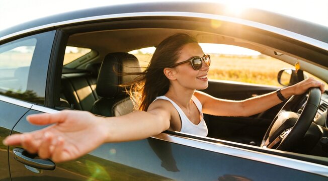 Woman driving car with window down summer road trip lifestyle