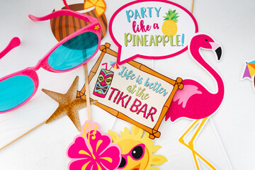 Summer tropical tiki bar photo booth party props on white background © Trey