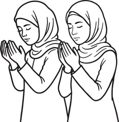 Fototapeta premium Muslim Woman Praying Salah Positions - Hijab Female Worshipper Dua Sujud and Reading Quran Line Art and Color Vector Illustration
