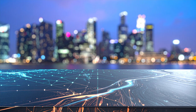 Conceptual minimalist product display background featuring a modern sleek dark surface with integrated glowing blue and orange data lines and a blurred singapore skyline at dusk.