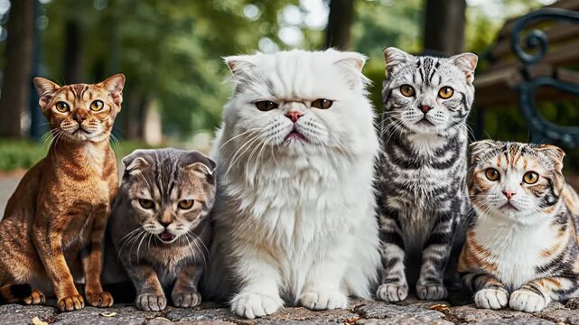 Group of five diverse domestic cats including white longhair, ginger spotted, and grey tabby breeds sitting together outdoors in a park, with several cats meowing at the camera.
