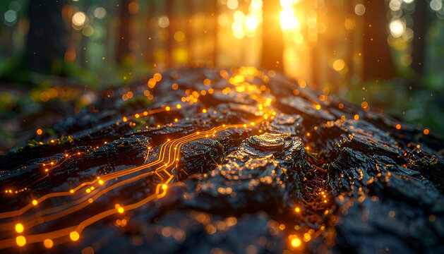 Conceptual smart forestry bark close up with glowing blue holographic circuit lines and geometric data mapping on dark textured natural wood representing digital tracing and ecological technology inno
