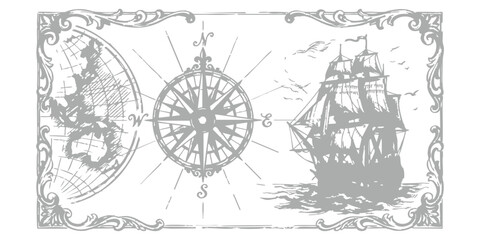 Vintage nautical map design with compass rose, sailing ship, and decorative ornamental border frame © GraphixEra