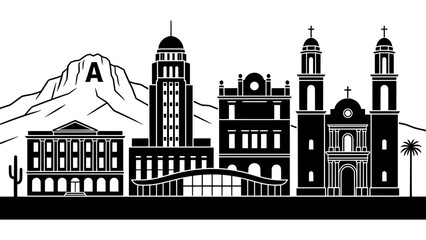 Fototapeta premium Tucson Arizona Skyline Illustration with Desert Mountains and Historic Architecture