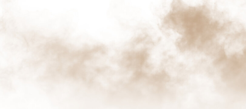 Dust, sand, soil, smoke cloud particles isolated on a clean transparent or white background. Brown sandstorm haze with dust explosion rising upward. Perfect design elements for compositing, overlays, 
