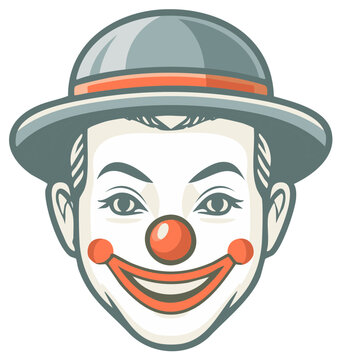Cartoon clown face with red nose and smiling mouth, retro style.