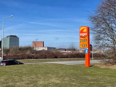 Malmo, Sweden 21 03 2026 - Ingo gas station price sign displaying diesel and petrol costs costs up to more than 24 kr per litre on a clear sunny day beside a suburban road in Malm&ouml;, Sweden