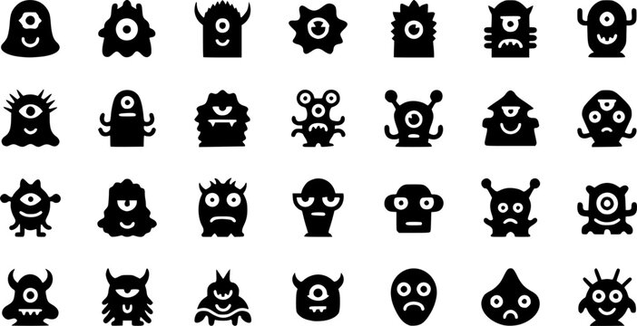 Collection of minimalist black silhouette icons featuring cute monsters, aliens, and fantasy creatures, creative character design vector set isolated on white.