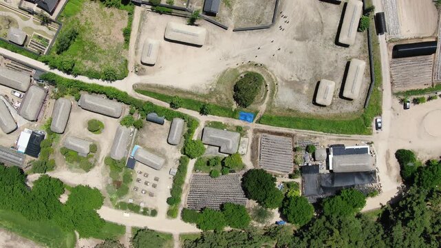 Aerial top-down view of traditional Hahoe Folk Village roofs and alleys, abstract pattern, Andong, South Korea