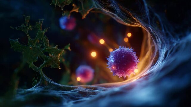 Intricate cellular landscape showcasing vibrant microbial structures illuminated by ambient light, revealing the mysterious world of microscopic life and interactions.