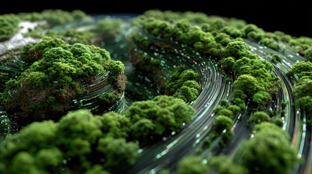 Surreal abstract 3d rendering of a miniature world with lush green trees and swirling light trails