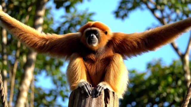 Golden lar gibbon with bright orange fur perched on a wooden post with its long arms outstretched in a balanced pose against a background of lush green trees and a blue sky.