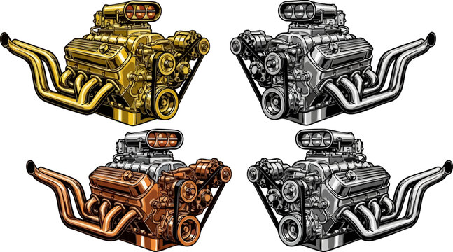 High-performance V8 engine vector set, 4 detailed muscle car motor illustrations in gold silver and bronze, powerful supercharged racing engines