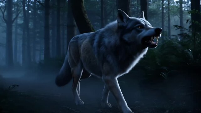 Aggressive Grey Wolf with Glowing Yellow Eyes in Dark Night Forest