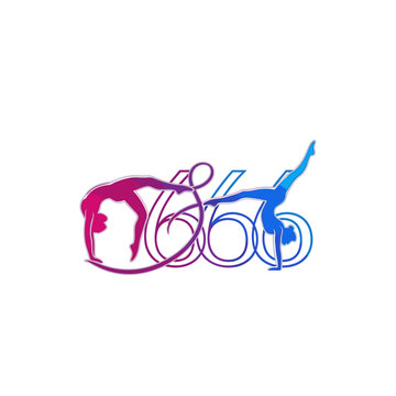 Rhythmic gymnastics logo with female athletes and number 666, artistic gymnast silhouettes in pink and blue gradient, sports vector illustration