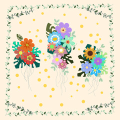 Obraz premium Modern Abstract Floral Bouquet Clusters with Botanical Vine Frame and Golden Polka Dots on Cream Background 
