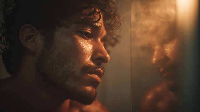 Reflective moments of a Hispanic transgender man in soft, golden light