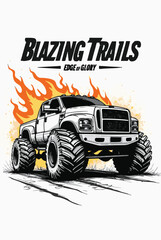 A black and white illustration of a monster truck driving through flames with bold text above it © Redwan Ahmed Marjan