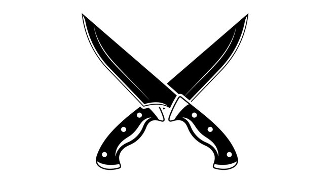 Two crossed sharp chef's kitchen knives, black silhouette illustration on an isolated white background.