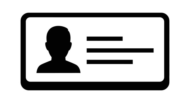 Solid black user identification card icon with profile, isolated white background