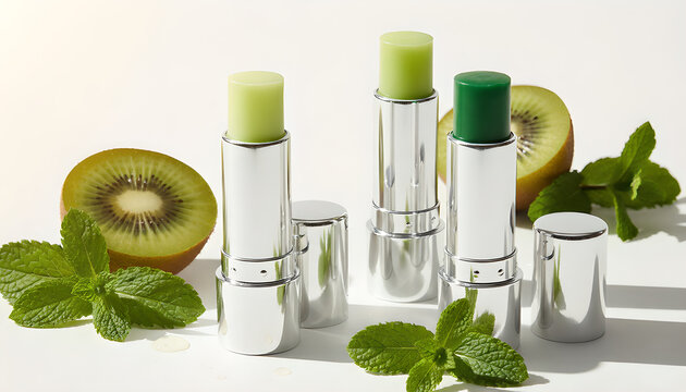 Sweet grape essence for daily lip protection. Lip care products with fresh mint and kiwi. Lip moisturizer. Fruit flavored lip balm. Homemade moisturizing lip balm made from natural ingredients. 