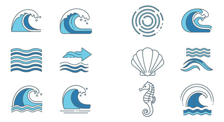 Naklejka premium Set of blue wave icons, seashell, and seahorse representing ocean and marine life on isolated white background.